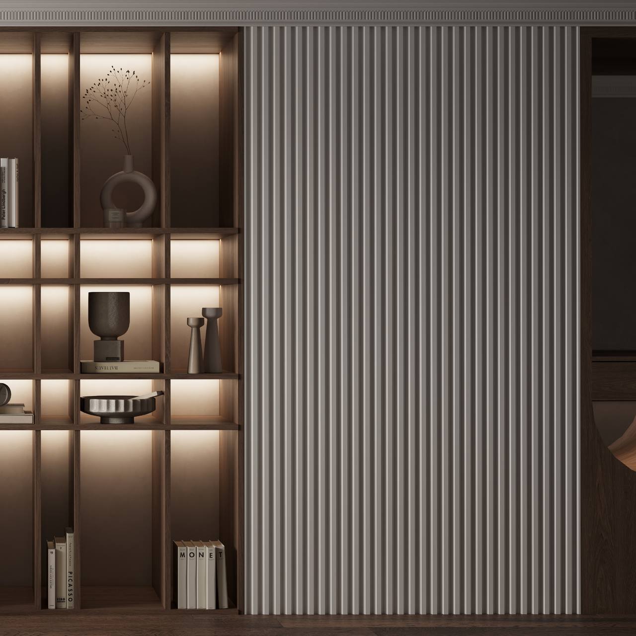 Könyvespolc bordázott falpanellel